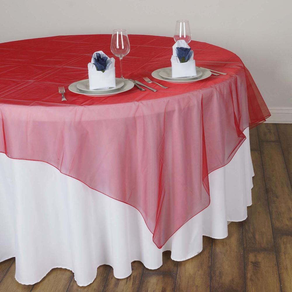 red organza table overlay rentals