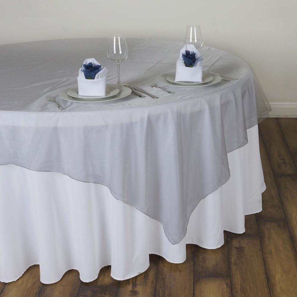 silver organza tablecloth overlay rentals