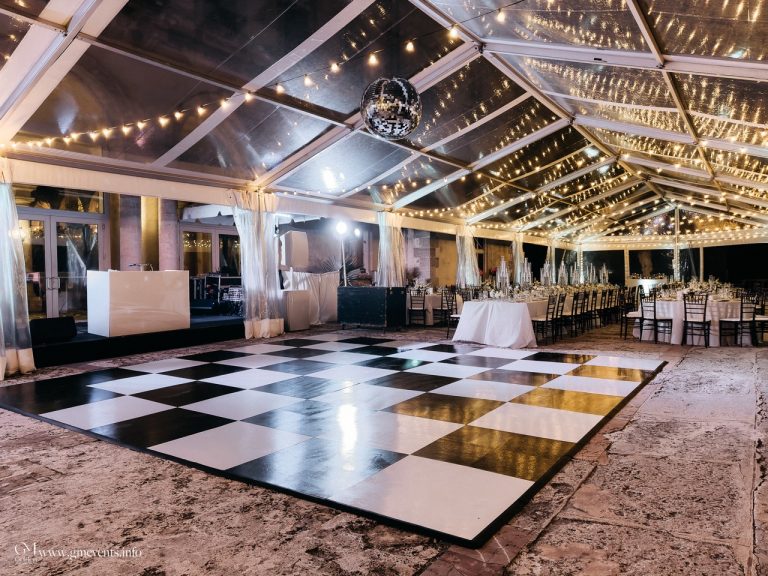 checkered pool cover dance floor rentals