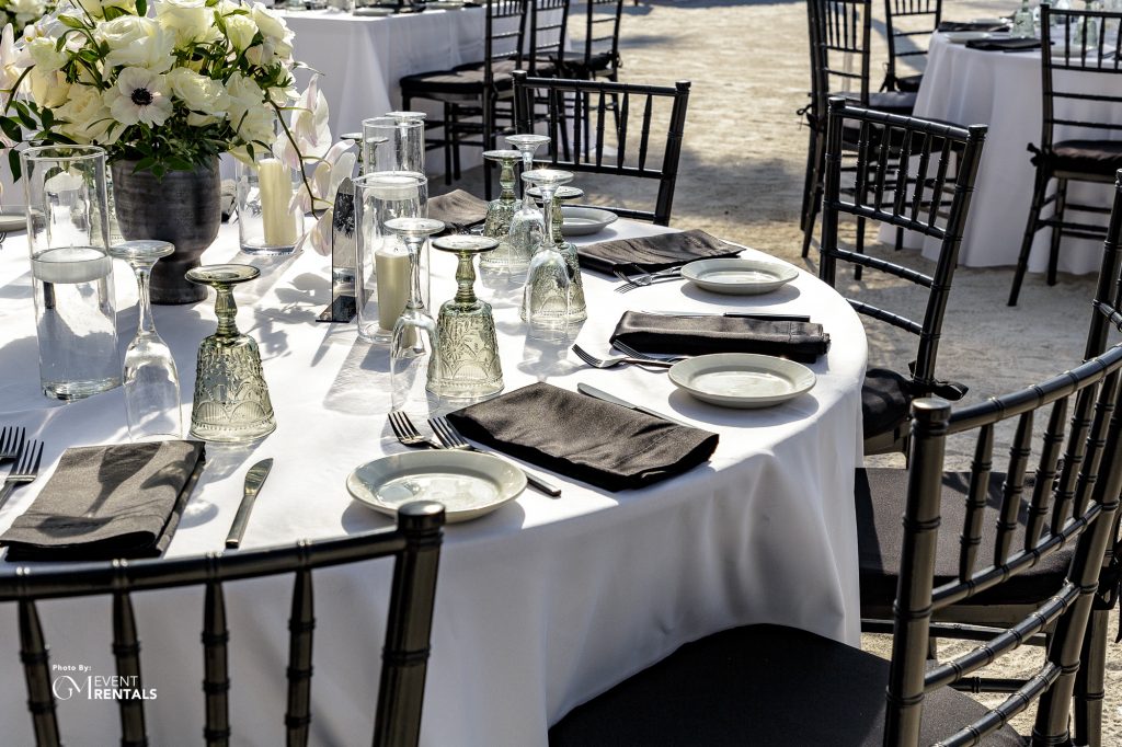 black and white tableware setup for wedding