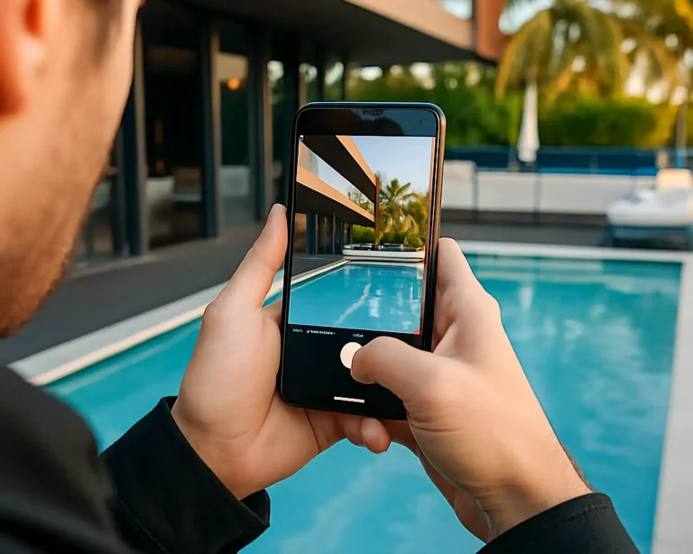 Client taking a smartphone photo of backyard pool to request a pool cover dance floor quote