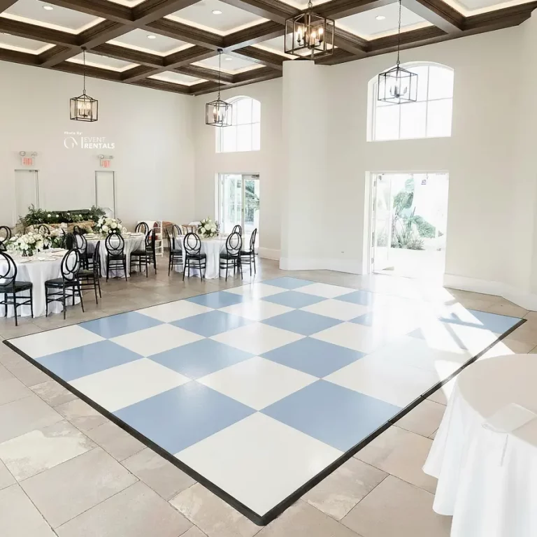 baby blue and white checkered snaplock dance floor at event